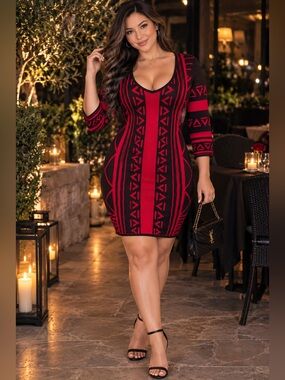 Derek Heart Sweater Dress Red Black Geometric Tribal Bodycon large